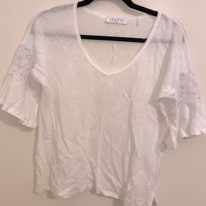 Sandro linen and lace white short-sleeve blouse